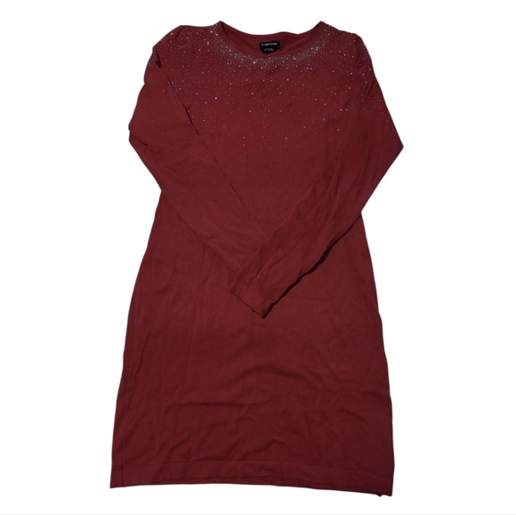 Bebe Rhinestone Red Long Sleeve Crew Neck Sweater Dress Size Large - Picture 2 of 10